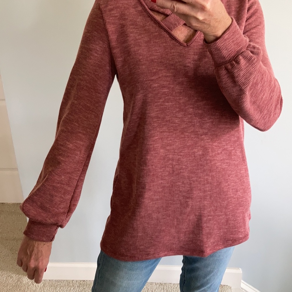 Burgundy, Ribbed Long Sleeve Tunic Top - Picture 7 of 10